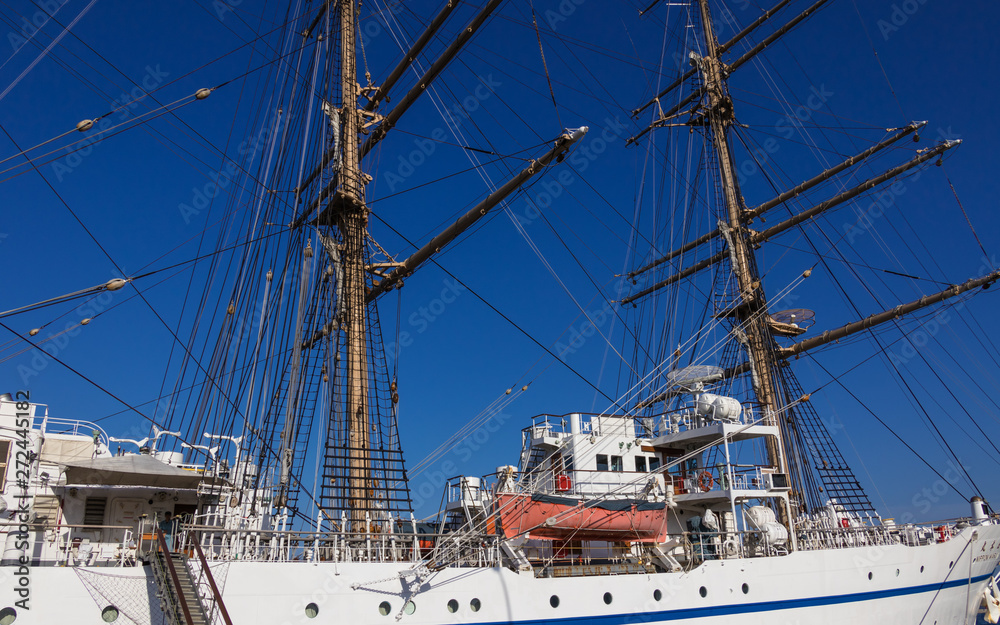 Masts and Equipment of japanese Sailing Ship Nippon Maru in the Harbour of Beppu. Oita Prefecture, Japan.