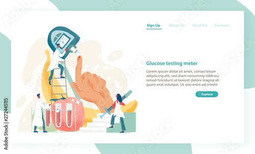 Web banner template with doctors or physicians holding blood tester. Medical device for glucose testing. Modern flat vector illustration for advertisement of health monitoring or laboratory service.