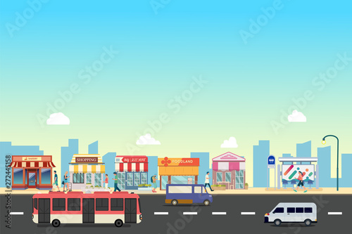 Fototapeta Naklejka Na Ścianę i Meble -  City street and store buildings with bus , minibus with people on street vector, a flat style design.People walk with Business storefront and public bus stop in urban