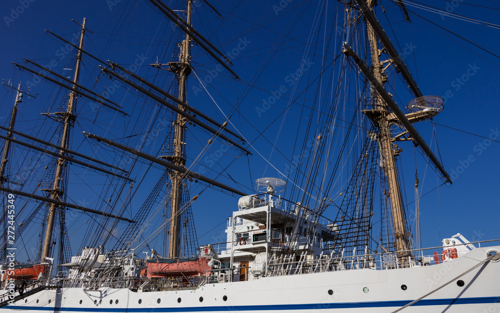 Masts, Rigging and Equipment of japanese Sailing Ship Nippon Maru in the Harbour of Beppu. Oita Prefecture, Japan. Masts, Rigging and Equipment of japanese Sailing Ship Nippon Maru in the Harbour of Beppu. Oita Prefecture, Japan.