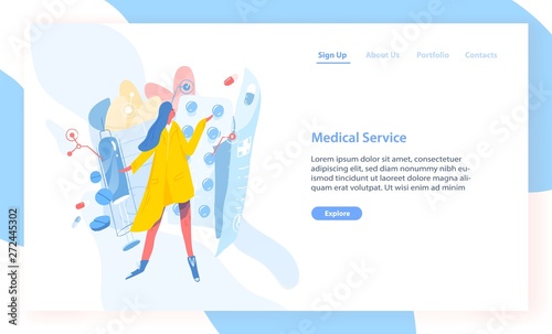 Landing page template with girl standing against blisters with pills, drugs, tablets or medications. Modern flat vector illustration for advertisement of online pharmacy, internet healthcare service.