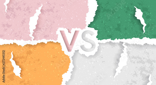 Vs screen. Blue and red abstract versus background. Torn paper design. Fight template. Simple modern comic design. Flat style vector illustration.