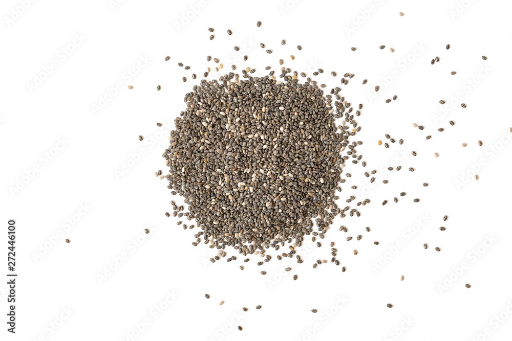 Chia seeds isolated with white background. Healthy super food. Vegan food. Top view. Chia seeds isolated with white background. Healthy super food. Vegan food. Top view.