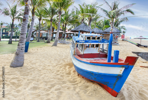 The beautiful seaside of resort in Phu Quoc island. Fishing boats of fishermen are on the shore
