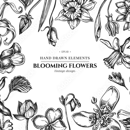 Floral design with black and white ylang-ylang, impatiens, daffodil, tigridia, lotus, aquilegia