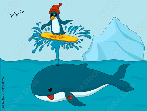 Colorful illustation of cartoon penguin in hat surfing on whale’s spout in the ocean with iceberg on background