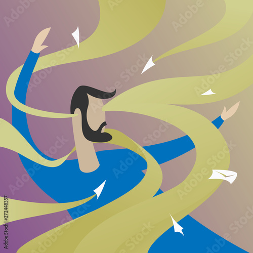 Digital Information overload concept. Man attacked by information flows or streams. Incoming mail spam problem, communication, message overdose flat illustration
