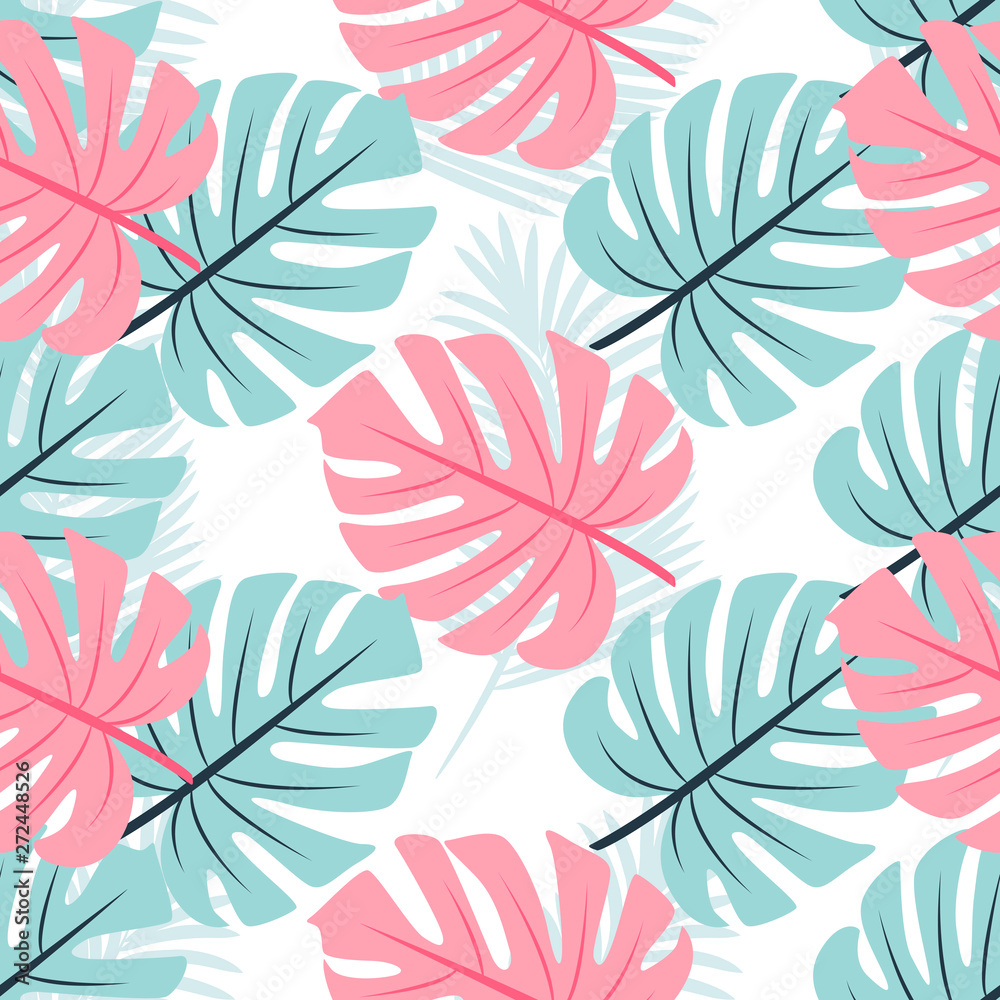Exotic seamless pattern with monstera, palm leaves. Print summer seamless vector pattern wallpaper in trend colors. 