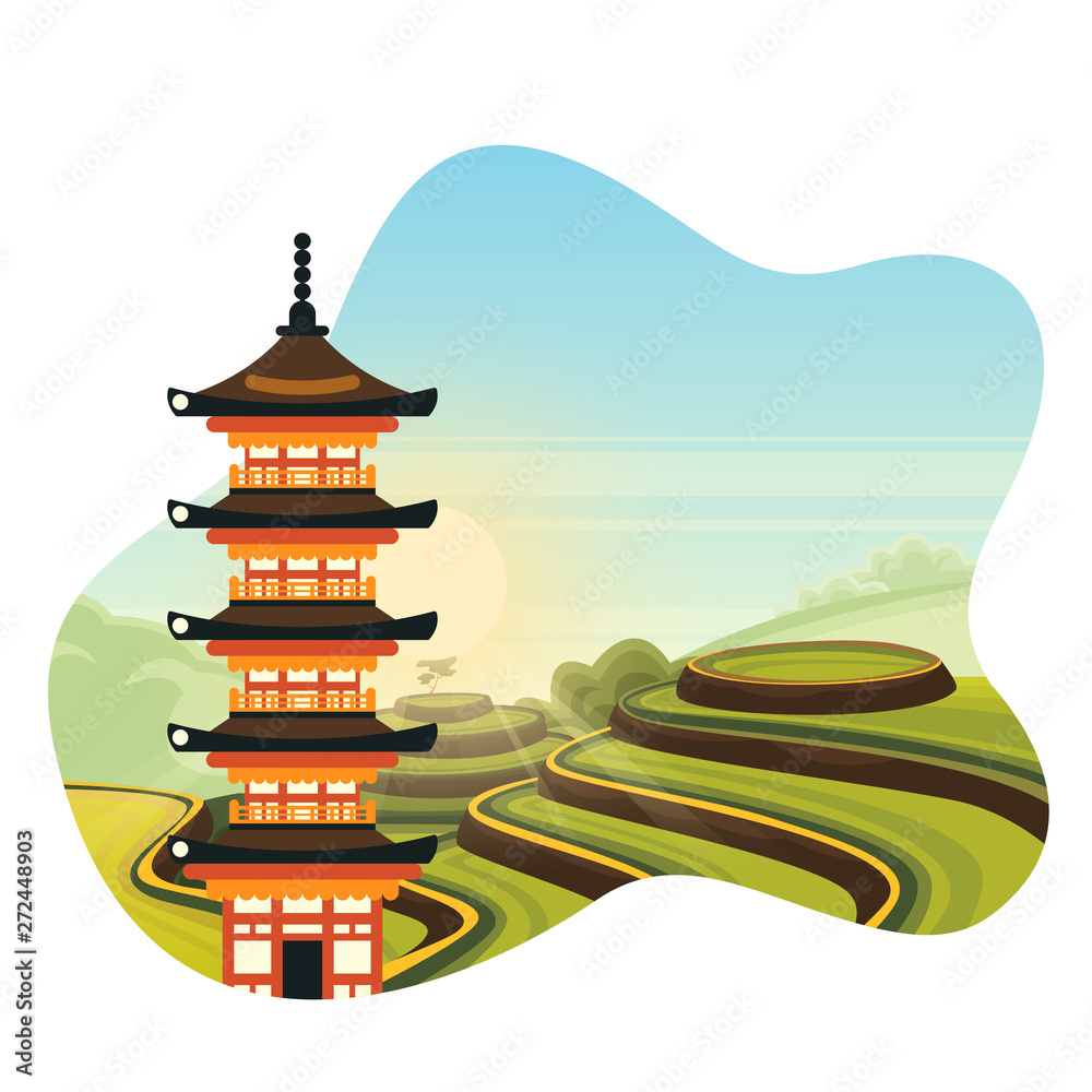 Fototapeta Chinese colorful pagoda on rice terrace fields background. Travel to China isolated vector flat cartoon illustration.