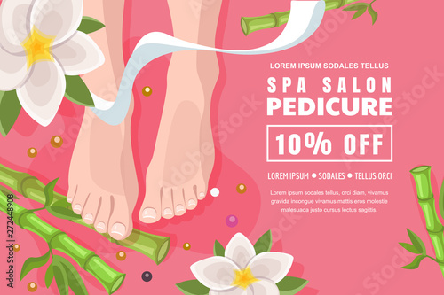 Spa salon banner, poster design template. Pink discount flyer layout for female pedicure, foot care. Vector illustration