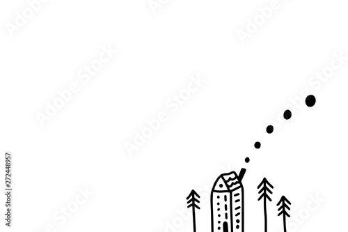 Tiny house and new year trees hand drawn illustration in cartoon style. Minimalism card