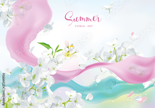 Vector white flowers with pink silk ribbon under the river