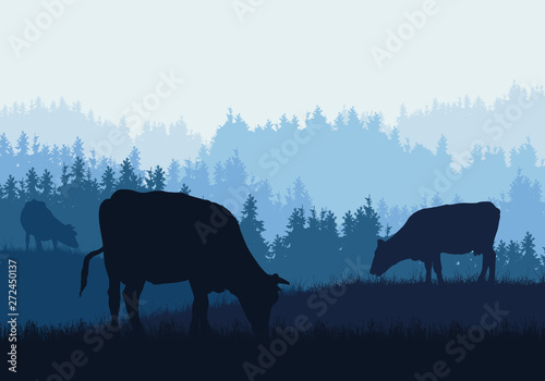 Realistic illustration of mountain farm landscape with forest, pasture and grazing cows under blue sky, vector