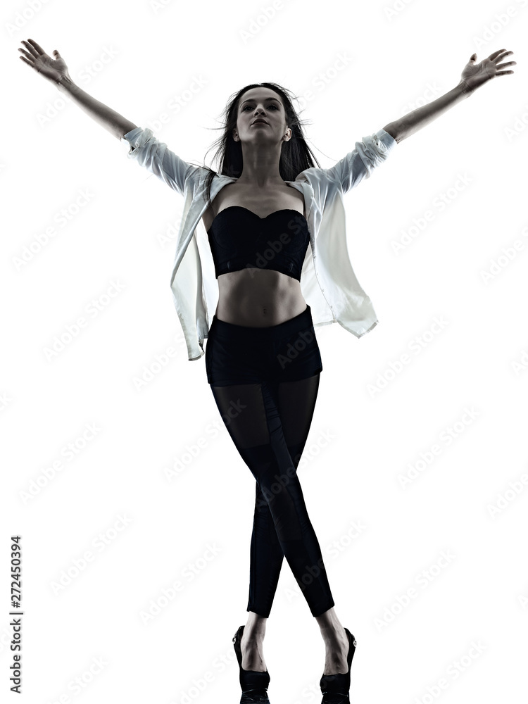 one young beautiful long hair caucasian woman modern ballet disco dancer dancing studio shot silhouette shadow isolated on white background one young beautiful long hair caucasian woman modern ballet disco dancer dancing studio shot silhouette shadow isolated on white background