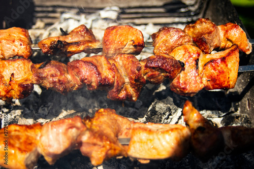 Shashlik of  mutton  beef or chicken meat on barbeque outdoor