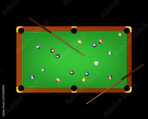 Realistic Detailed 3d Pool Billiard Green Table and Equipments on a Dark. Vector