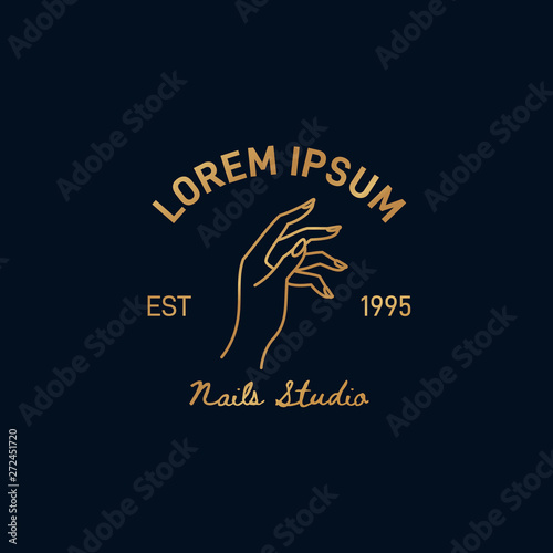 Vector Golden Emblem with a Female Hand in a Trendy Outline style. Logo for a Beauty Salon or Nail studio. Template for business card, packaging hand cream or nail Polish, nail, soap, beauty store.