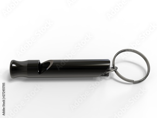 Blank promotional aluminum whistle key chain for mock up and branding. 3d render illustration.