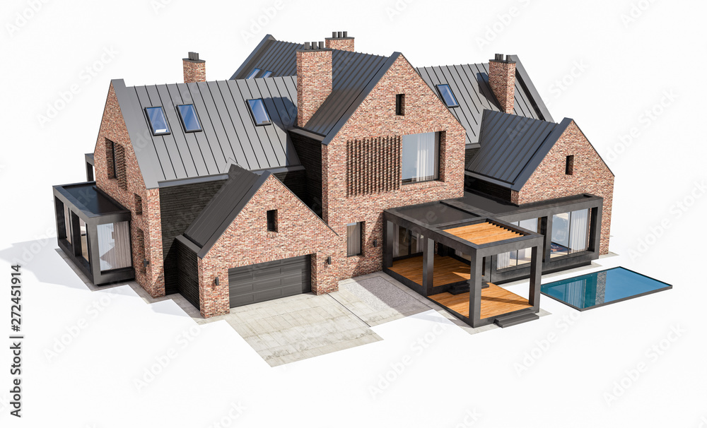 3d rendering of modern clinker house on the ponds with pool isolated on white 3d rendering of modern clinker house on the ponds with pool isolated on white