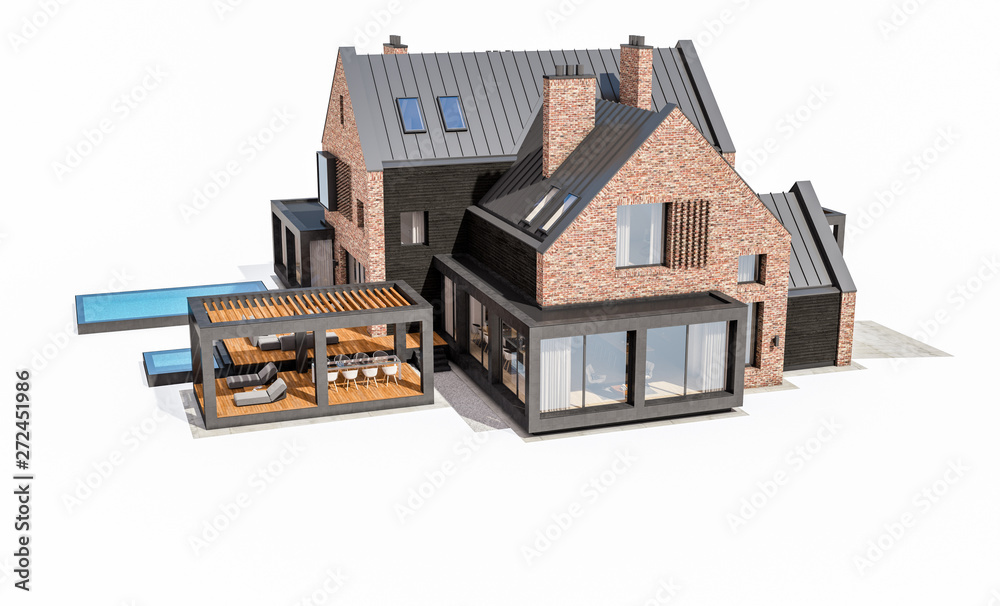 3d rendering of modern clinker house on the ponds with pool isolated on white 3d rendering of modern clinker house on the ponds with pool isolated on white