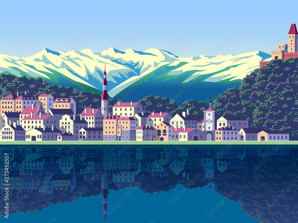 Summer landscape with the small town, lake and mountains in the background