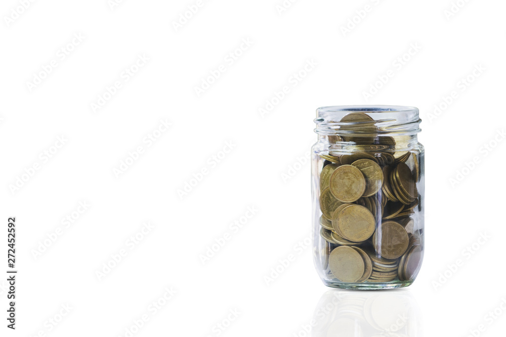 coins in glass jar with plant concept on white background. coins in glass jar with plant concept on white background.