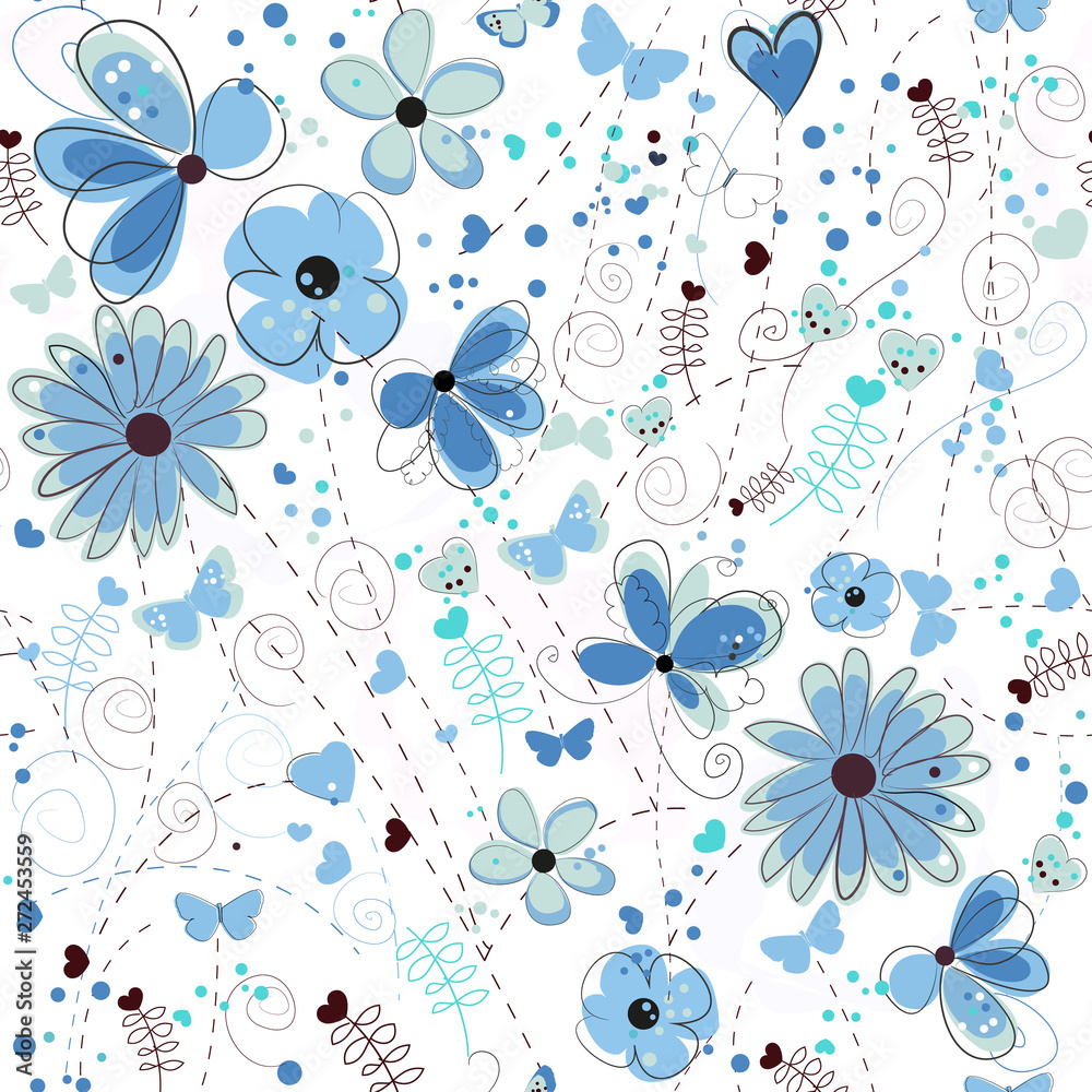 Fototapeta Abstract blue flowers hand drawn elegant pattern