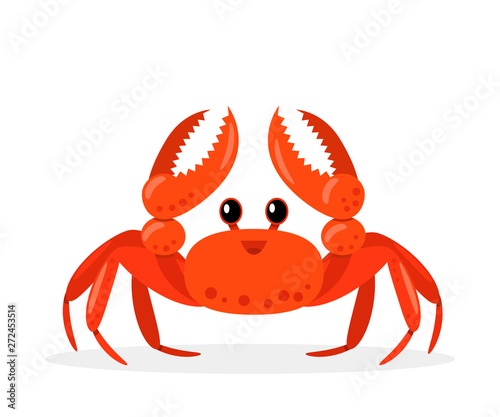 funny character of a red sea crab with a smile on his face. seafood icon with claws. flat vector illustration