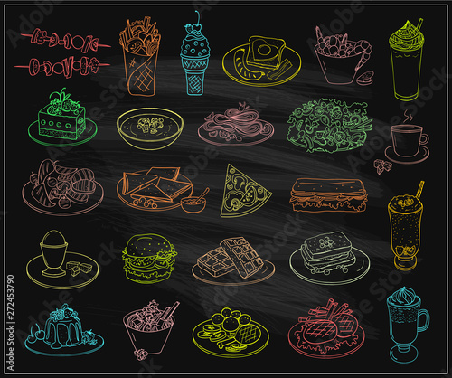 Assorted dishes food symbols on a chalkboard, desserts and drinks, many vegetarian entrees, main dishes