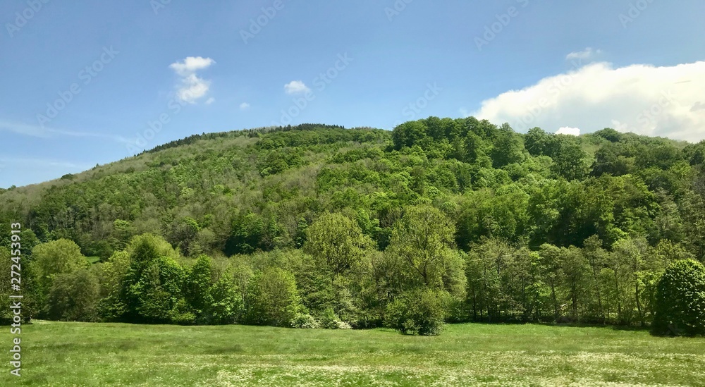 Scenic hike to the pilgrimage site Kreuzberg (Calvary) in Bavaria's Röhn (Roehn) region (Germany): panoramic views from the sacred mountain on a sunny summer day with lush green landscape & a blue sky