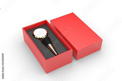 Blank Flat Top Wine Bottle Stopper with Hard Paper window Box Packaging For Branding And Mock Up. 3d Render Illustration.