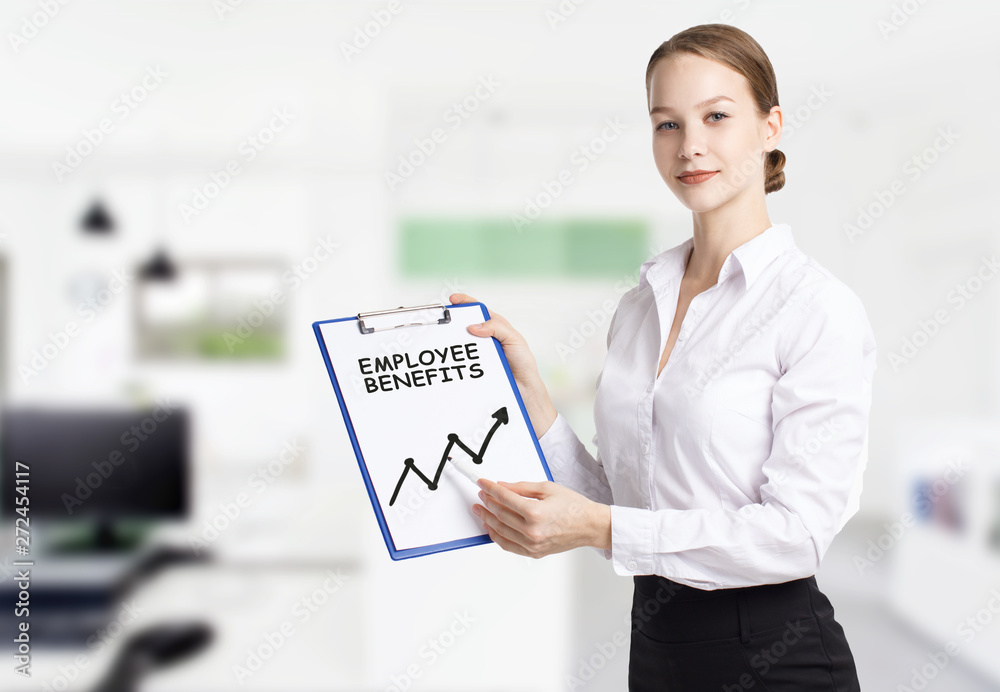 Business, technology, internet and networking concept. Young entrepreneur showing keyword: Employee benefits Business, technology, internet and networking concept. Young entrepreneur showing keyword: Employee benefits