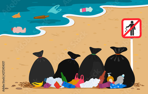 plastic and trash bags on the beach with a stop sign trash. polluted coast by human waste. Protect the environment. illustration