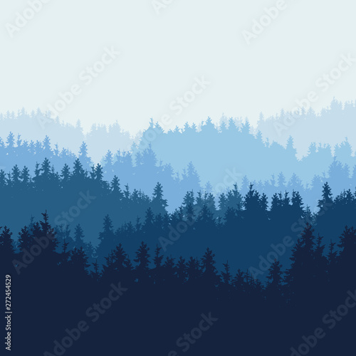 Realistic illustration of mountain landscape with coniferous forest from pine trees and hills under blue sky. Suitable as an advertisement for nature and travel, vector