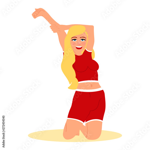 Sexy young woman standing in kneeling pose. Young woman in shorts standing on the floor. Vector illustration on white background in cartoon style