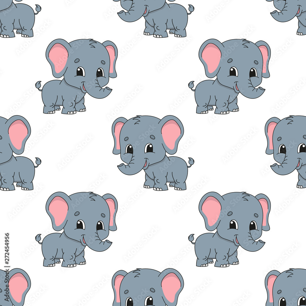 Happy elephant. Colored seamless pattern with cute cartoon character.  Simple flat vector illustration isolated on white background. Design  wallpaper, fabric, wrapping paper, covers, websites. Stock Vector | Adobe  Stock