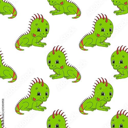 Happy iguana. Colored seamless pattern with cute cartoon character. Simple flat vector illustration isolated on white background. Design wallpaper, fabric, wrapping paper, covers, websites. © PlatypusMi86