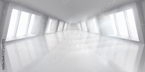 Big hall with windows. Empty lit interior. White room. Vector illustration.