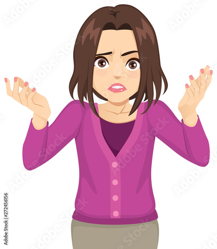 Young frustrated woman raising hands up shrugging showing disbelief expression gesture