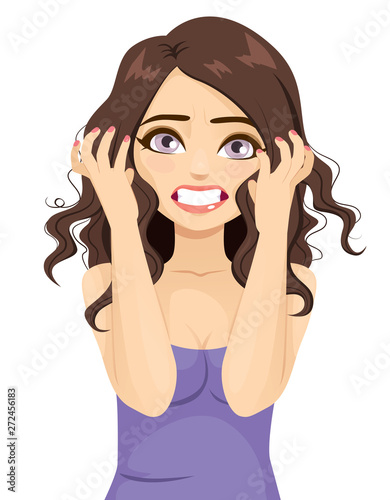 Angry stressed woman with semi clenched hands up furious hysterical breakdown