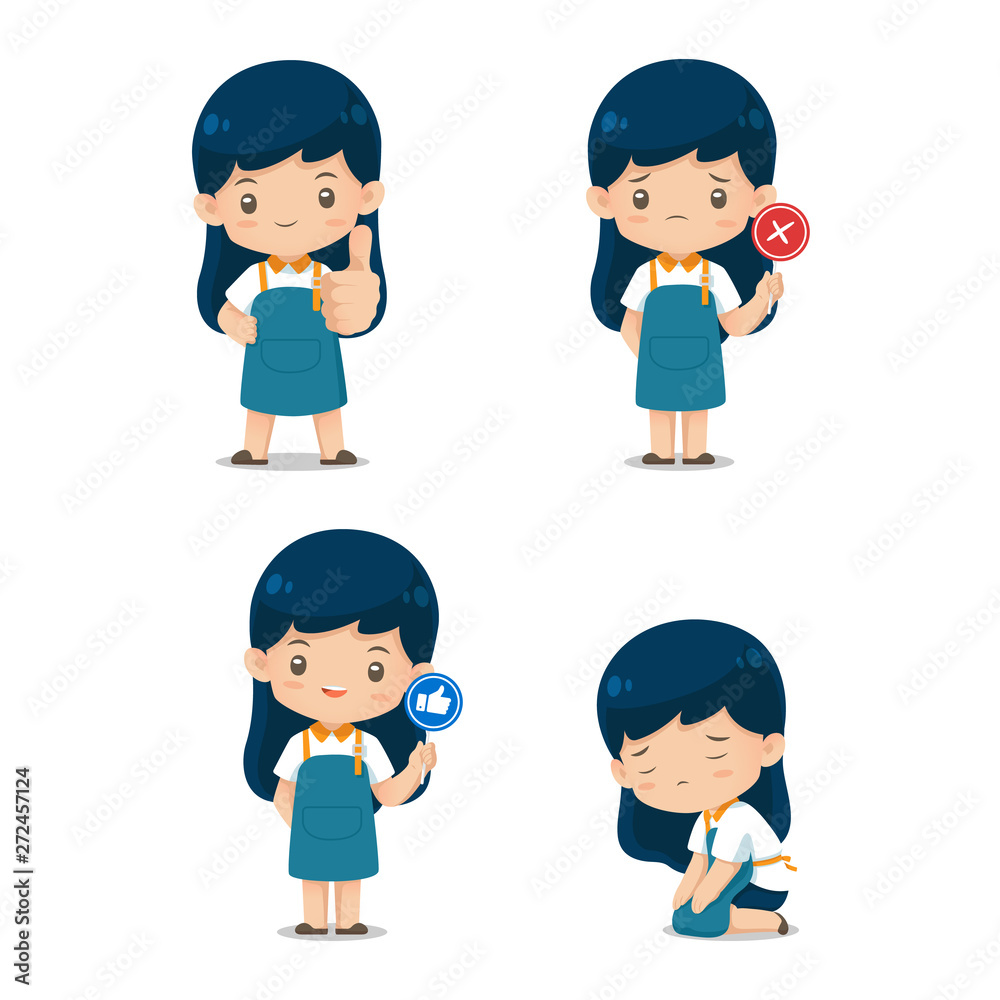 Set of Cute shop assistante character mascot in apron uniform use for illustration