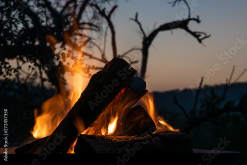The flames of a campfire at dusk on safari in Africa, Hluhluwe-iMfolozi, South Africa.