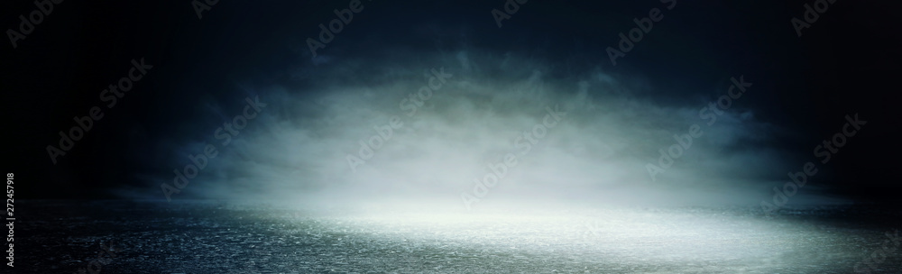 abstract dark concentrate floor scene with mist or fog, spotlight and display. banner