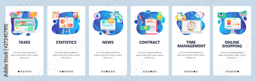 Mobile app onboarding screens. Financial chart, online payment, sign contract, time management. Menu vector banner template for website and mobile development. Web site design flat illustration