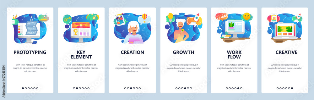 Mobile app onboarding screens. Business desk, travel dream, prototyping. Menu vector banner template for website and mobile development. Web site design flat illustration