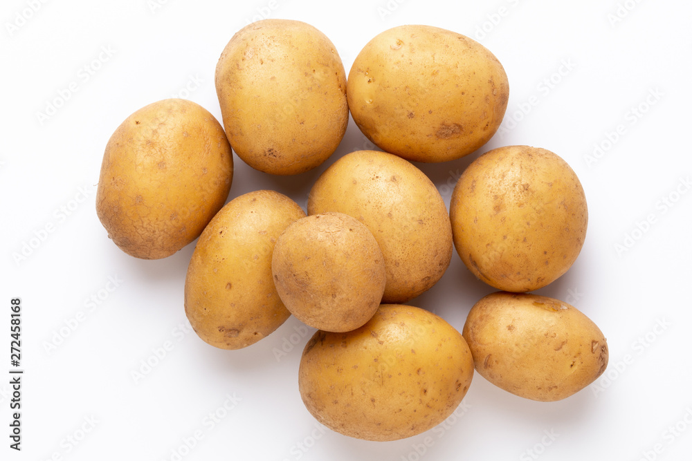 Potatoes isolated on white background. Flat lay. Top view. Potatoes isolated on white background. Flat lay. Top view.