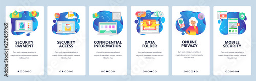 Mobile app onboarding screens. Mobile content feed, sales countdown, secure access, email, online shopping. Vector banner template for website and mobile development. Web site flat illustration