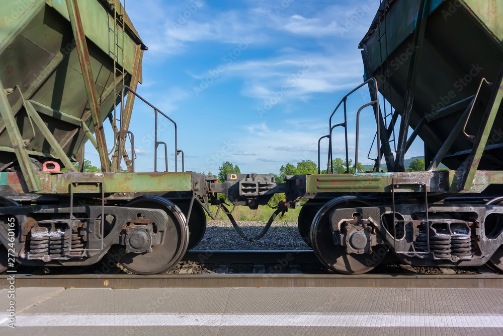 Connection of two railway wagons at the loading station Connection of two railway wagons at the loading station