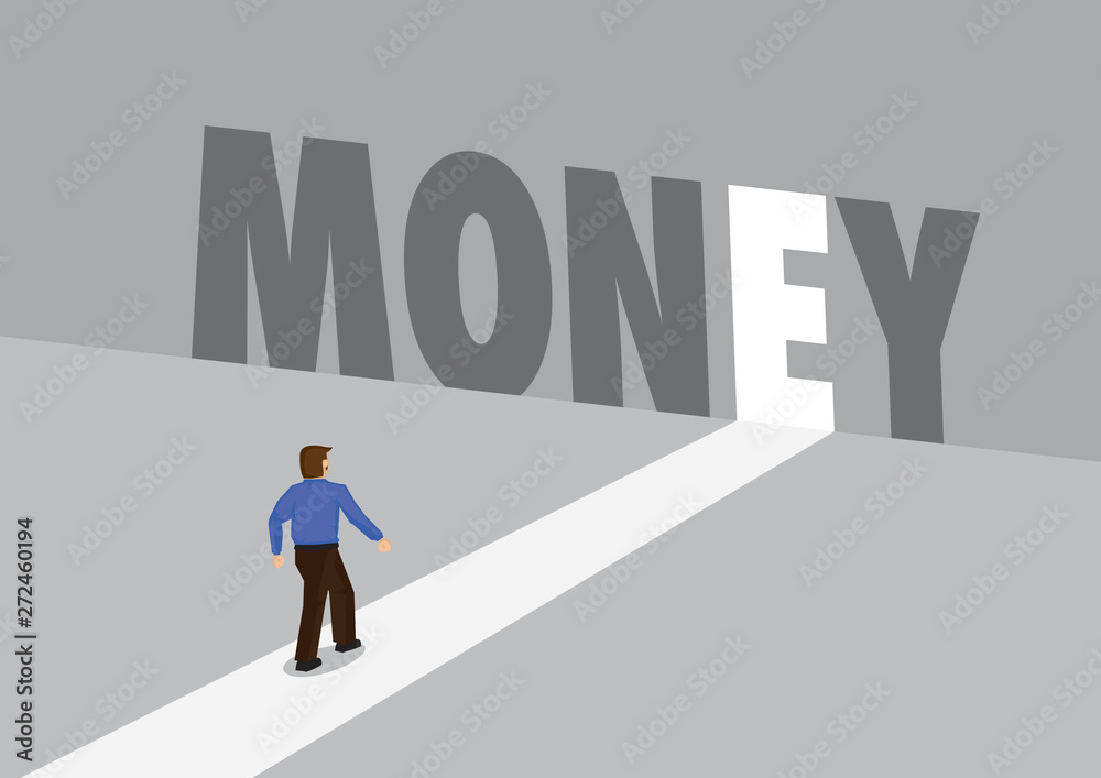 Businessman walking towards a light path with the text money. Business concept of profit, financial or challenges. Vector illustration. Businessman walking towards a light path with the text money. Business concept of profit, financial or challenges. Vector illustration.
