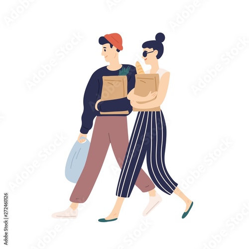 Adorable modern young couple carrying bags with purchases. Happy funny boy and girl doing grocery shopping. Everyday routine of cute romantic partners. Flat cartoon colorful vector illustration.